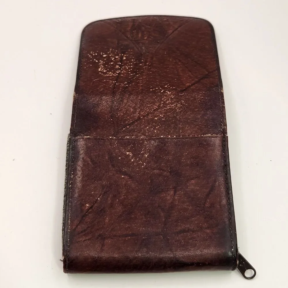 Vintage Women’s Folding Brown Leather Wallet Hand-Tooled Floral Coin ID Holder